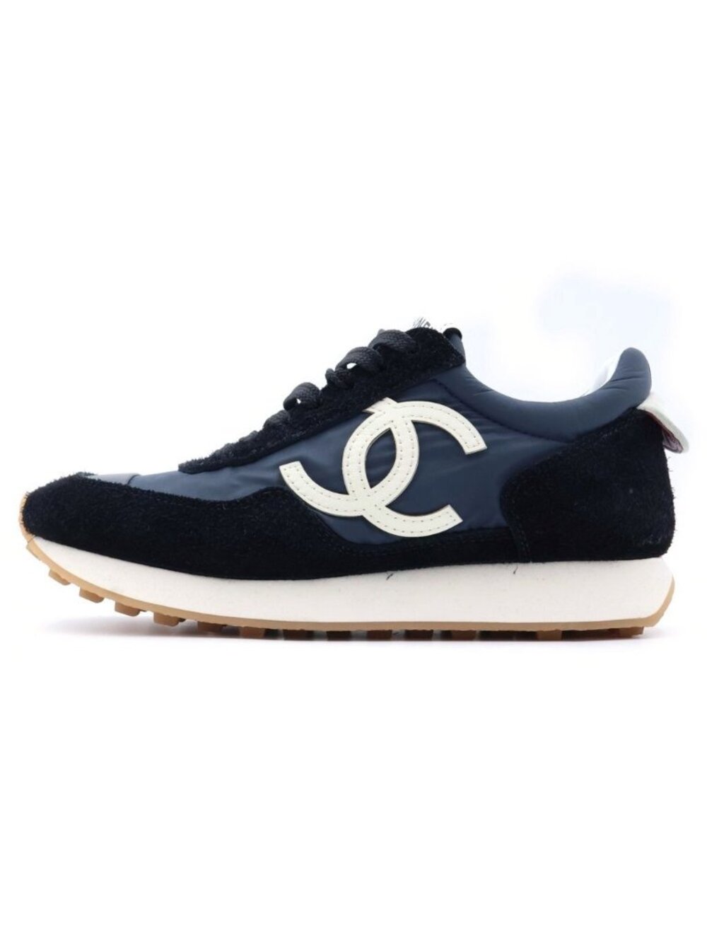 Chanel CC Logo Suede Leather Sneakers Navy Black
